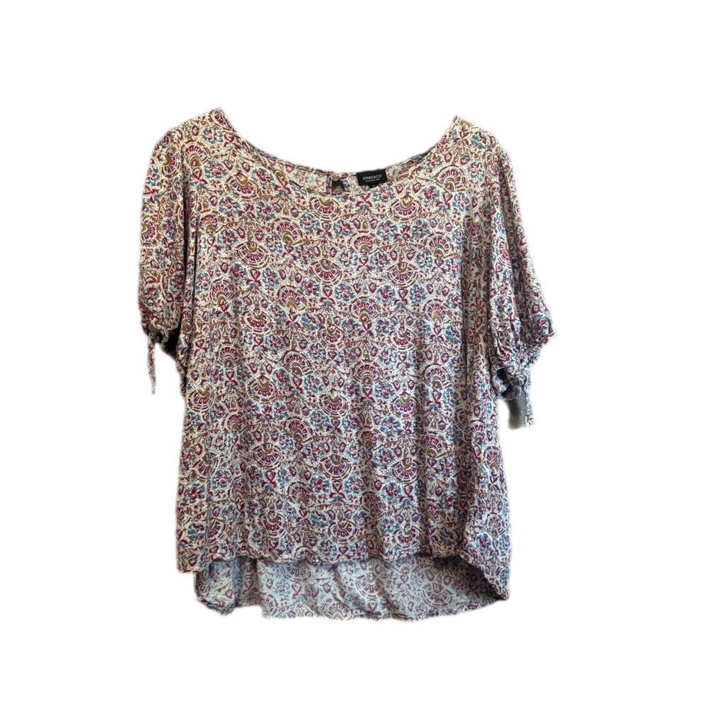 Jones New York Paisley Print Short Sleeve Blouse in Cream, Red, Navy
